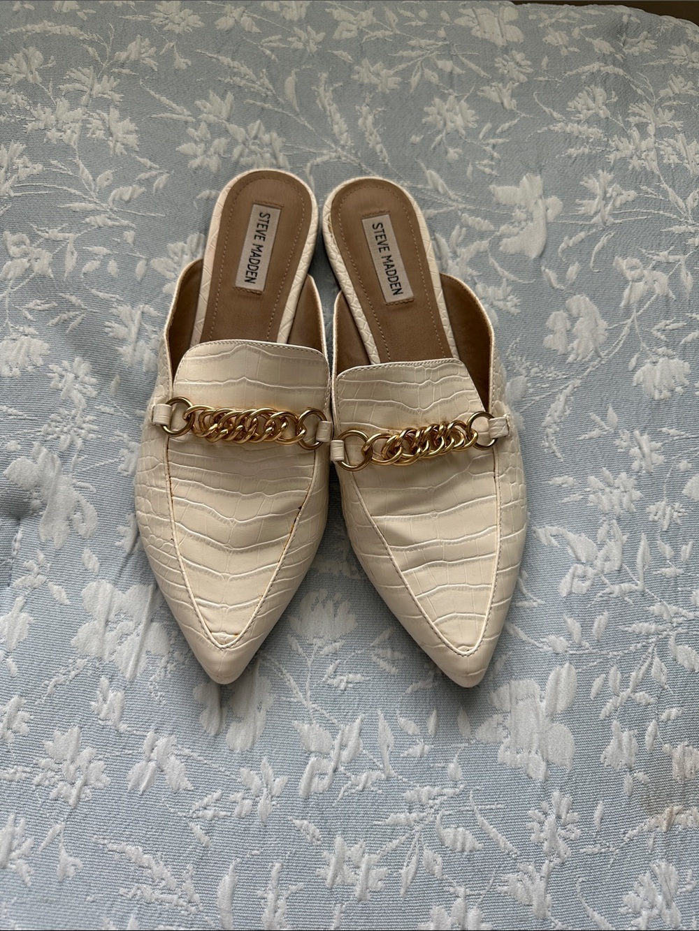 Steve Madden Cream Croc-Embossed Chain-Trim Mules
